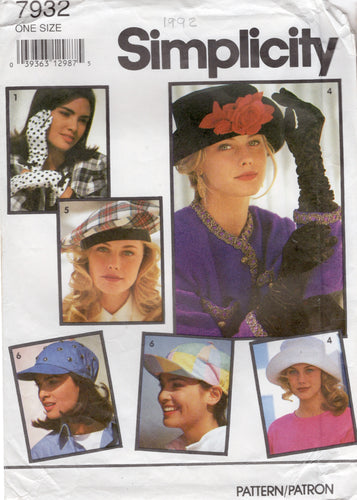 1990's Simplicity Beret, Wide Brim Hat and Baseball Cap and Glove Pattern  - One size - No. 7992