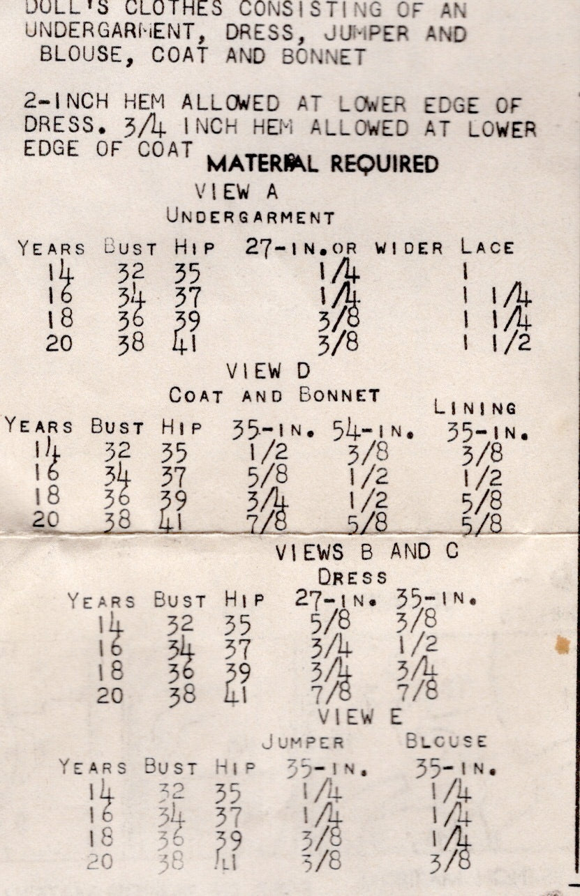 1940's Mail Order Doll Clothes Wardrobe Pattern - 20" doll - No. 2965