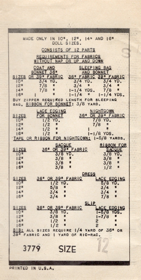 1940's Mail Order Doll Coat, Bonnet, Sacque, Dress and Sleeping Bag Pattern - 12" doll - No. 3779
