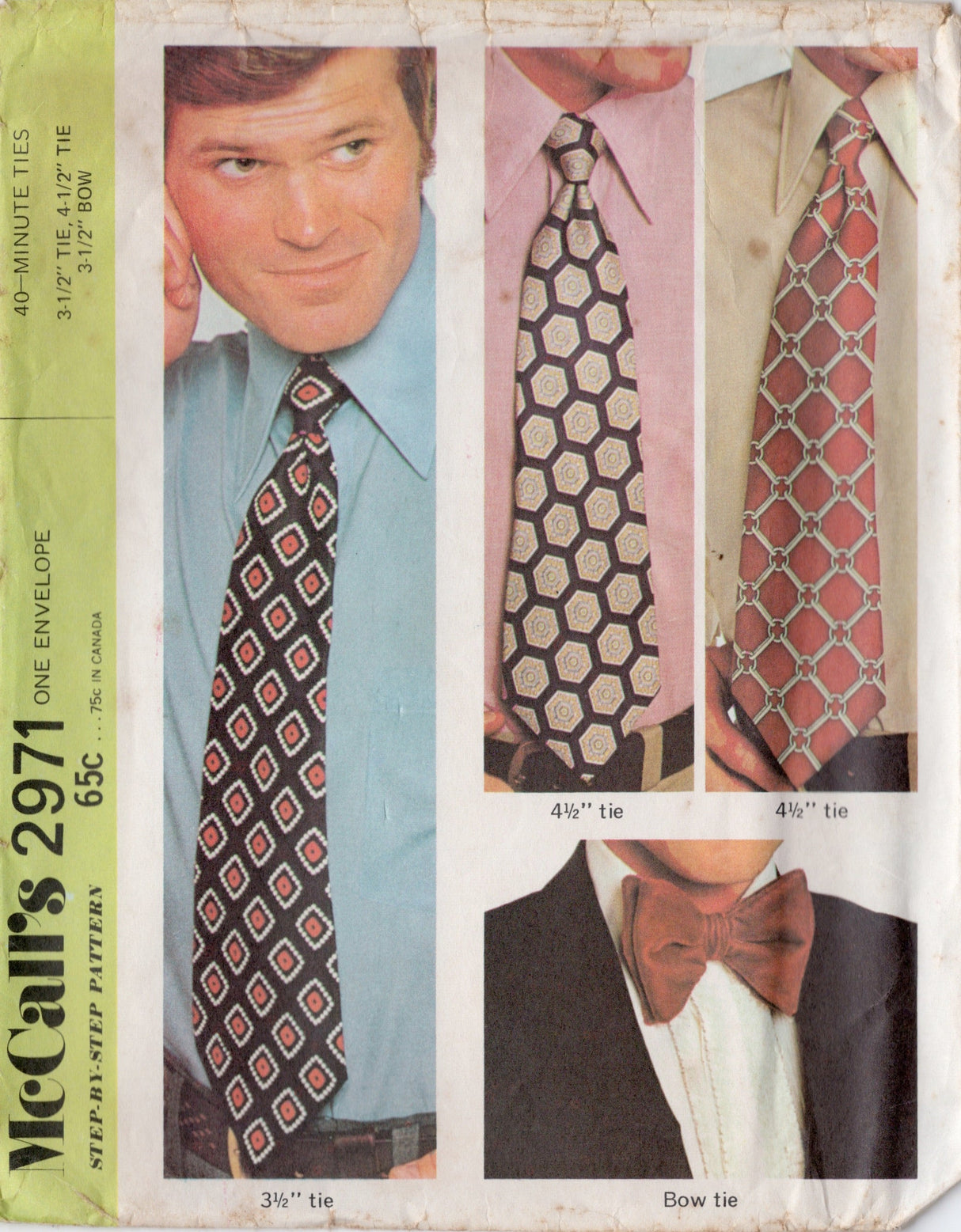 1970's McCall's Men's Accessory Pattern: 3.5" and 4.5" Wide Ties and Bow Tie Pattern - One Size - No. 2971