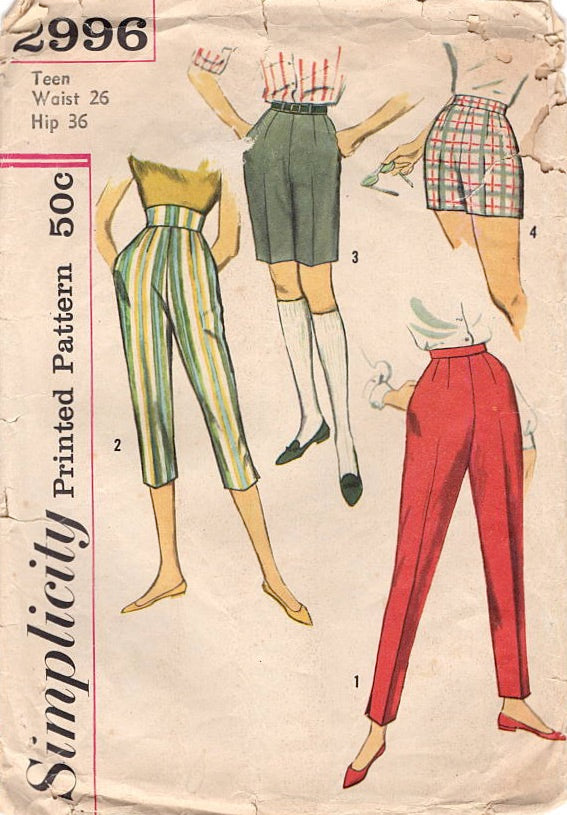 1950's Simplicity Cigarette Pants, Pedal Pushers, Jamaica Shorts and Shorts - Waist 26" - No. 2996