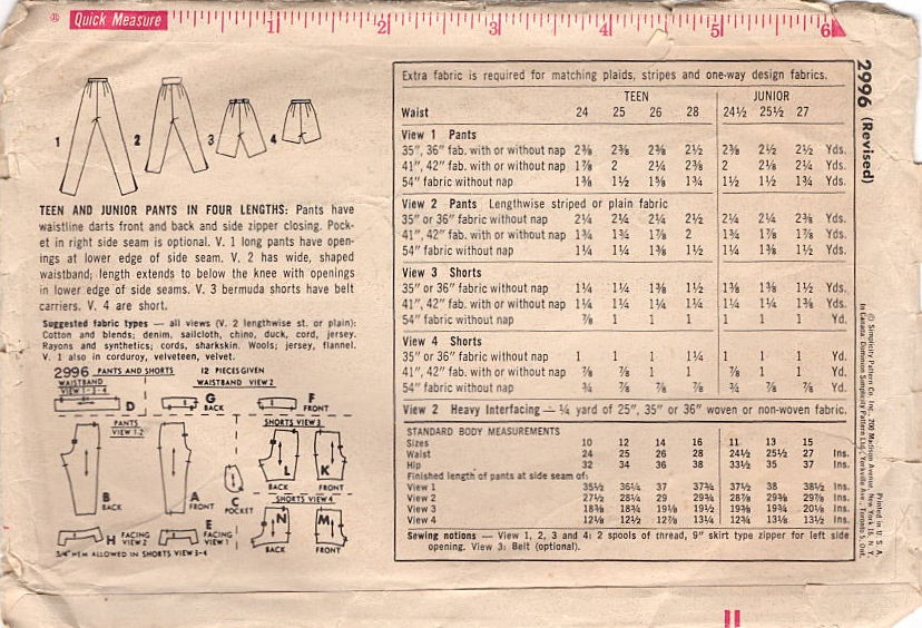 1950's Simplicity Cigarette Pants, Pedal Pushers, Jamaica Shorts and Shorts - Waist 26" - No. 2996