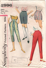 1950's Simplicity Cigarette Pants, Pedal Pushers, Jamaica Shorts and Shorts - Waist 25.5" - No. 2996