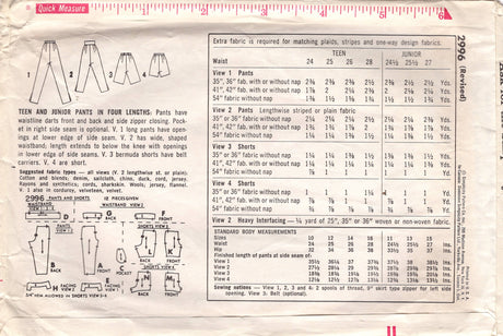 1950's Simplicity Cigarette Pants, Pedal Pushers, Jamaica Shorts and Shorts - Waist 25.5" - No. 2996