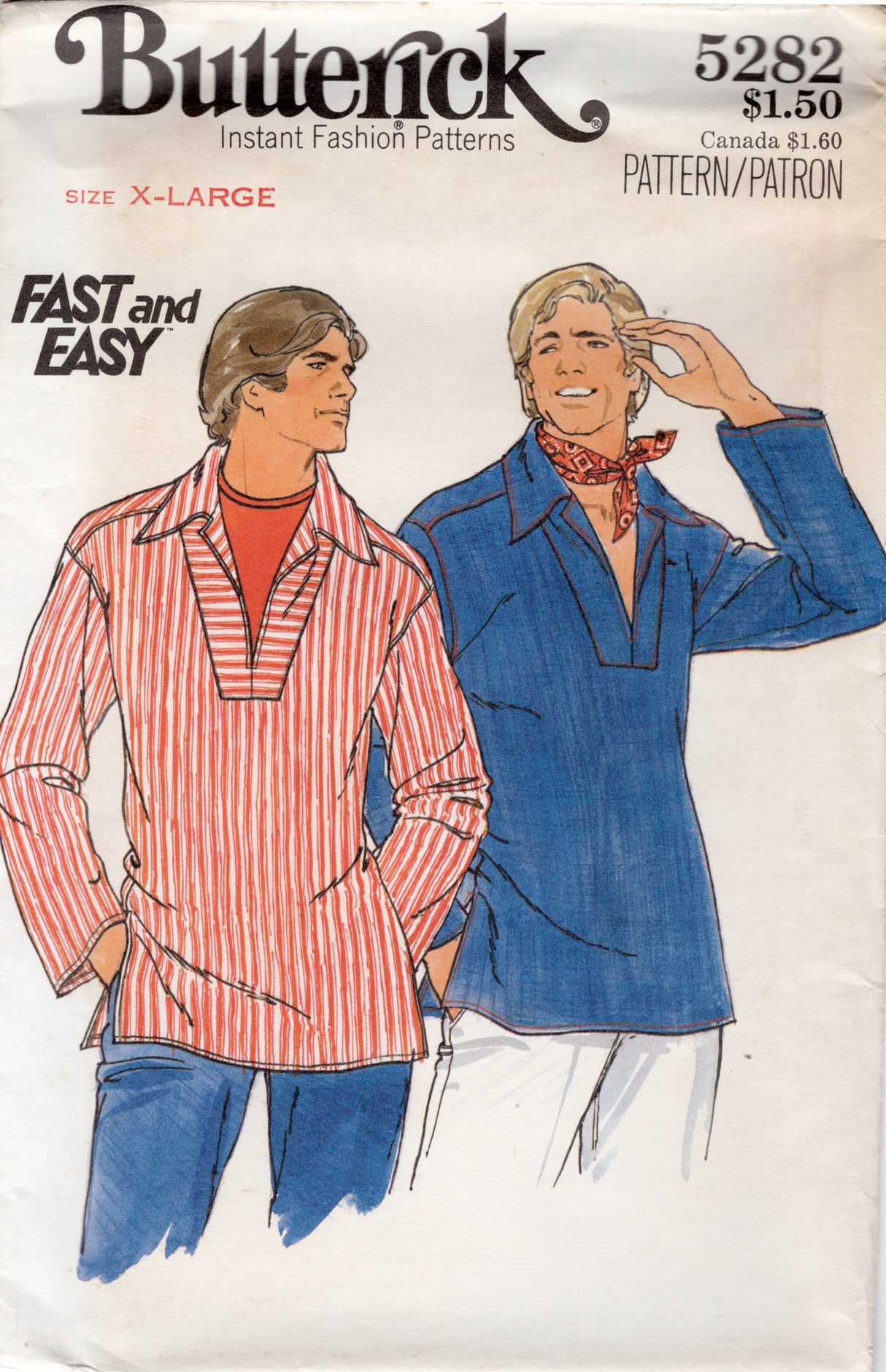 1970's Butterick Men's Pullover Shirt Pattern - Chest 46-48" - No. 5282