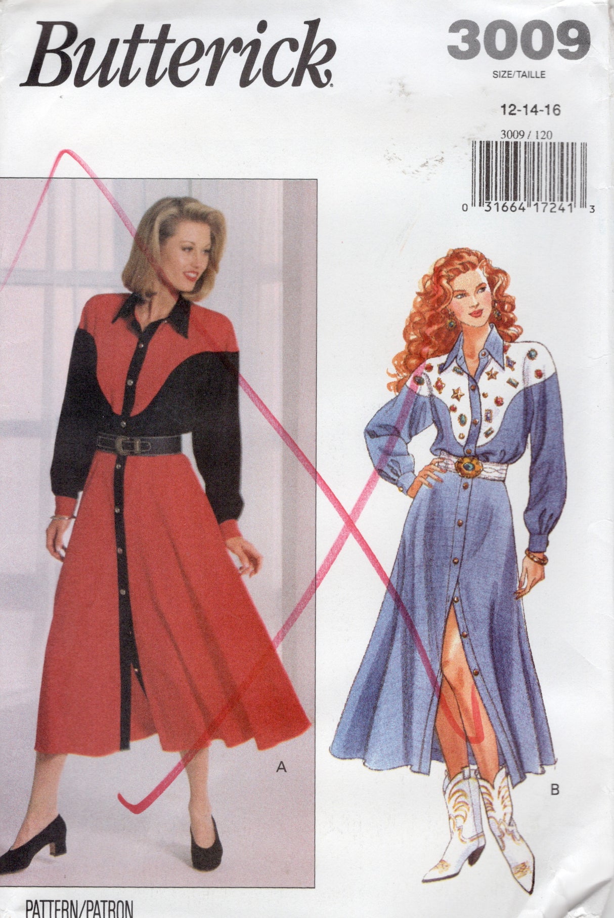 1990's Butterick Button Up Western Dress Pattern - Bust 34-38" - No. 3009