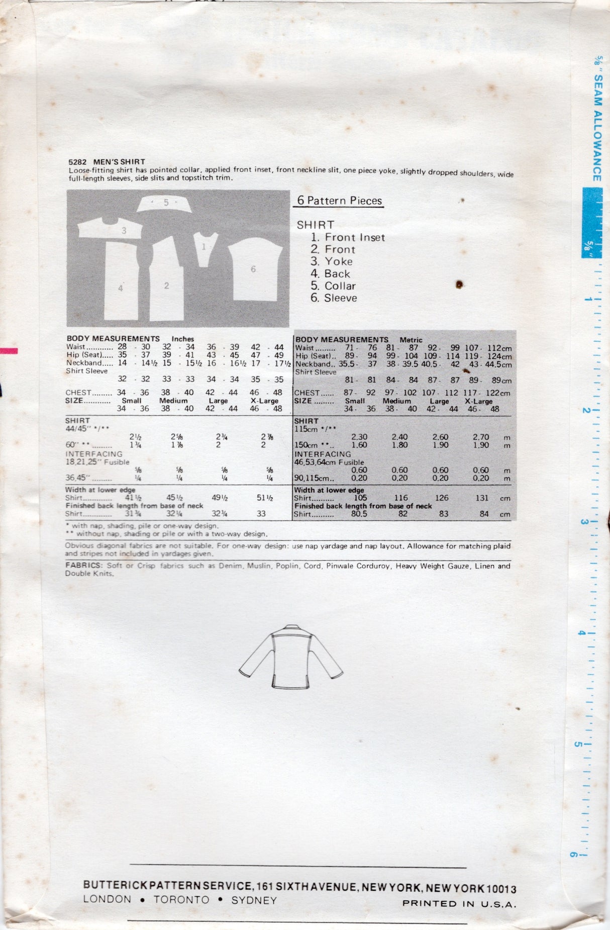 1970's Butterick Men's Pullover Shirt Pattern - Chest 46-48" - No. 5282