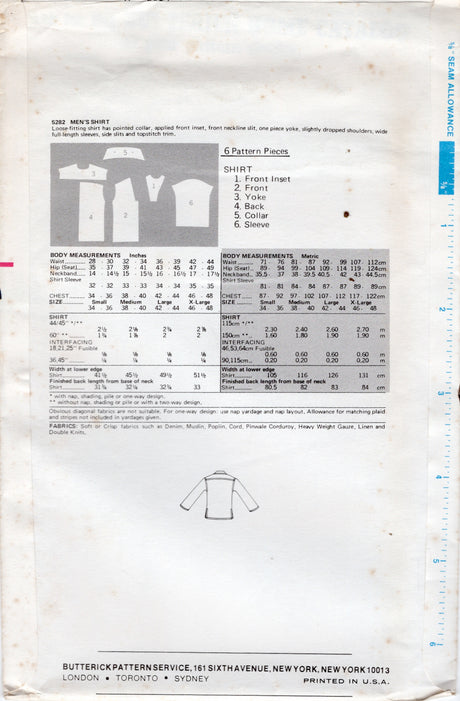 1970's Butterick Men's Pullover Shirt Pattern - Chest 46-48" - No. 5282