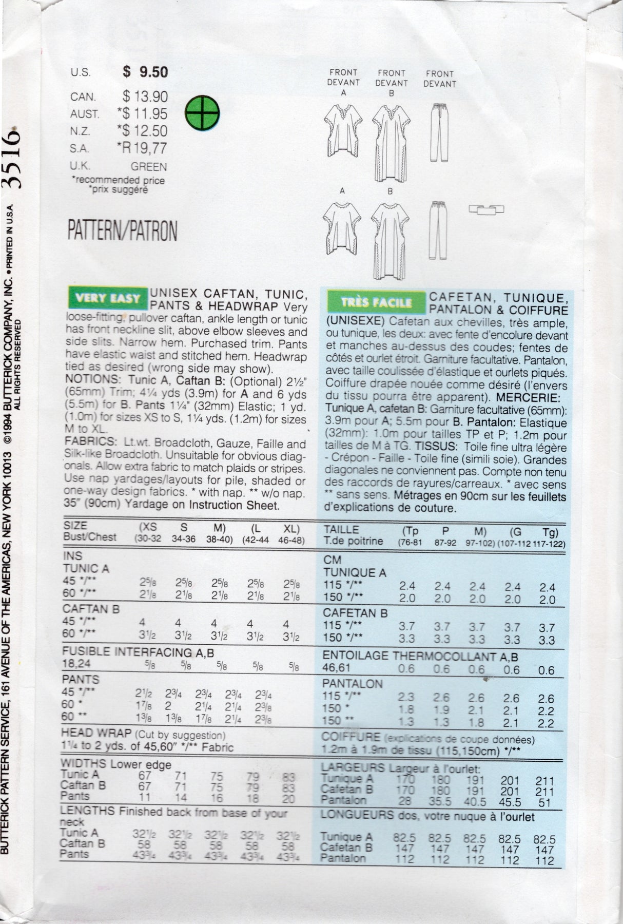 1970's Simplicity Caftan Dress, Tunic, Pants and Headwrap Pattern - Bust 30-40" - No. 3516