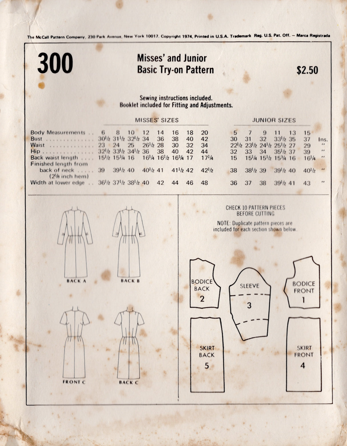 1970's McCall's Basic Try-On Sloper Pattern - Bust 32.5" - No. 300