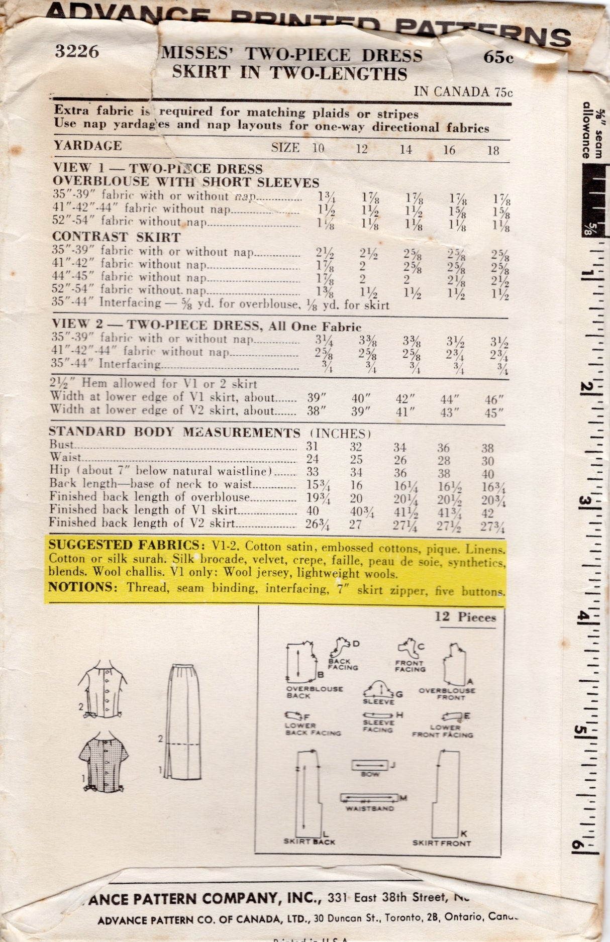 1960's Advance Two-Piece Dress with Midi or Maxi Skirt Pattern – Bust 38” - No. 3226