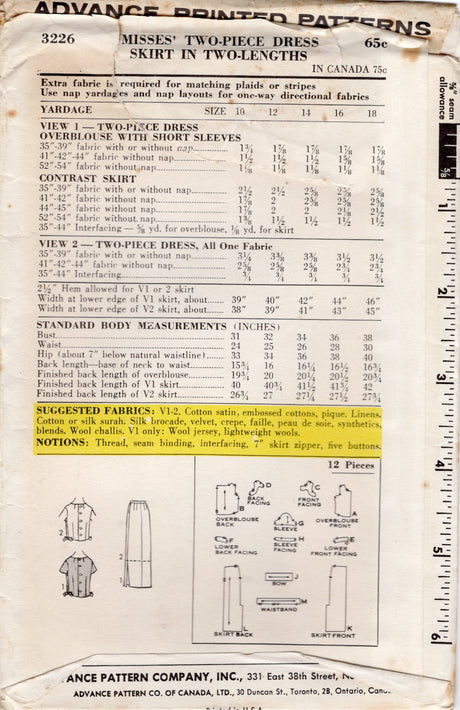 1960's Advance Two-Piece Dress with Midi or Maxi Skirt Pattern – Bust 38” - No. 3226