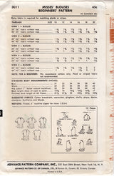 1960's Advance Beginners Blouse Pattern – Bust 36” - No. 3011