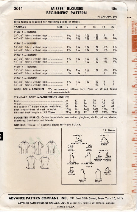 1960's Advance Beginners Blouse Pattern – Bust 36” - No. 3011