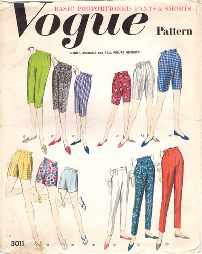 1960's Vogue Shorts, Bermuda Shorts, Capri and Cigarette Pants Pattern - Waist 30