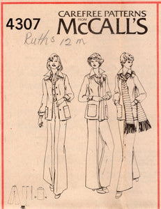 1970's McCall's Shirt-Jacket, Bell-Bottom Pants  and Scarf Pattern - Bust 32.5-34" - No. 4307