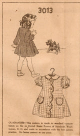 1940's Mail Order Child's Scallop Edge Dress Pattern - Chest 21" - No. 3013