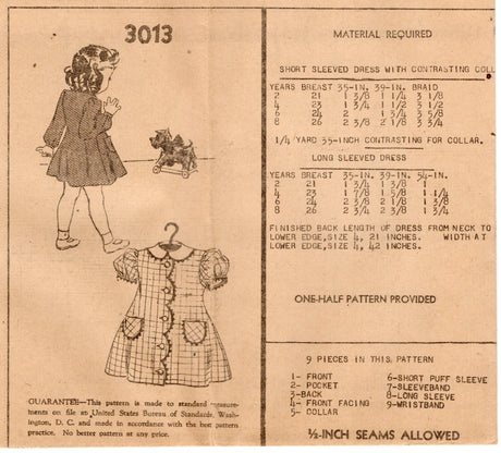 1940's Mail Order Child's Scallop Edge Dress Pattern - Chest 21" - No. 3013