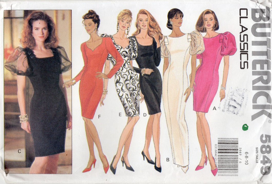 1990's Butterick Sheath Cocktail Dress Pattern with Large Puff or Long Sleeves - Bust 30.5-31.5-32.5