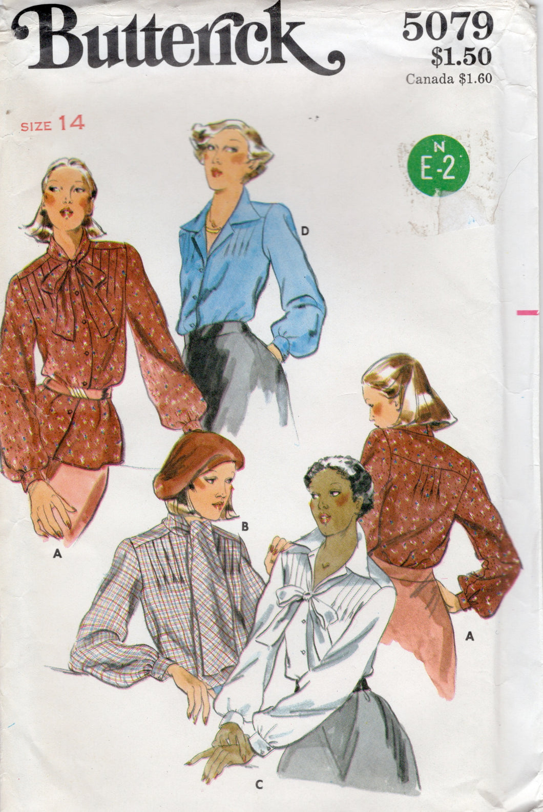 1970's Butterick Tucked Front Blouse with Long Sleeves - Bust 36
