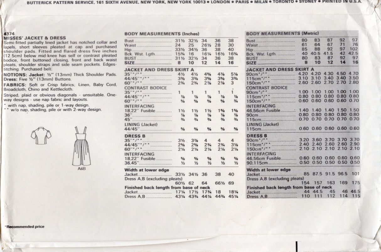 1980's Butterick Summer Dress pattern with Thin Straps and Pleated skirt and Jacket pattern - Bust 31.5" - No. 4374