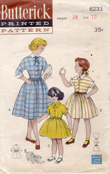 1950's Butterick Child's Fit and Flare Shirtwaist Dress Pattern - Chest 28" - No. 6233