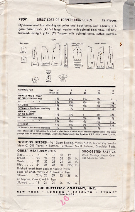1950's Butterick Child's Coat Pattern in Two Lengths - Chest 24" - No. 7907