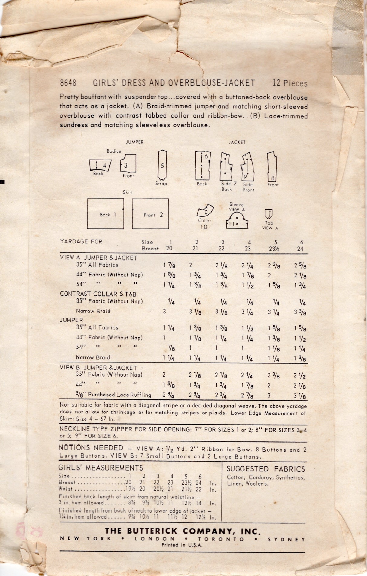 1950's Butterick Child's Summer Dress and Overblouse Jacket Pattern - Chest 21" - No. 8648