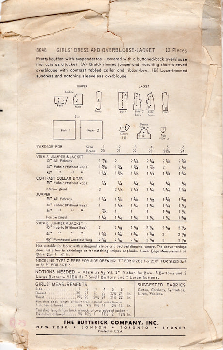 1950's Butterick Child's Summer Dress and Overblouse Jacket Pattern - Chest 21" - No. 8648