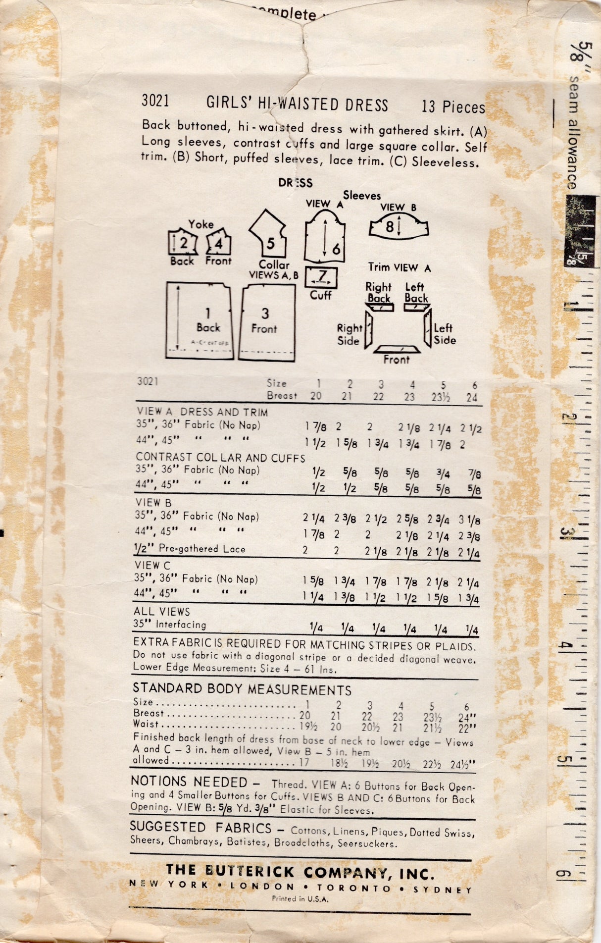 1960's Butterick Child's Dress Pattern with Large Collar - Chest 20-23" - No. 3021