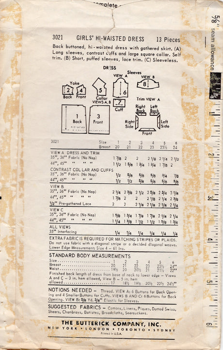 1960's Butterick Child's Dress Pattern with Large Collar - Chest 20-23" - No. 3021