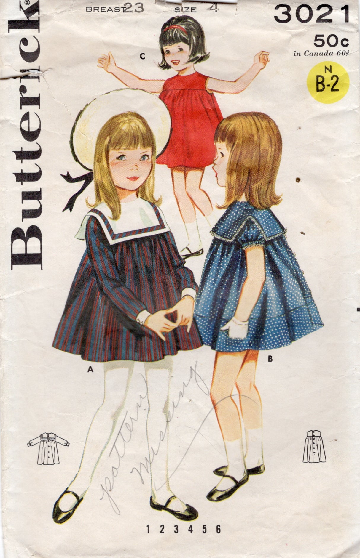 1960's Butterick Child's Dress Pattern with Large Collar - Chest 20-23" - No. 3021