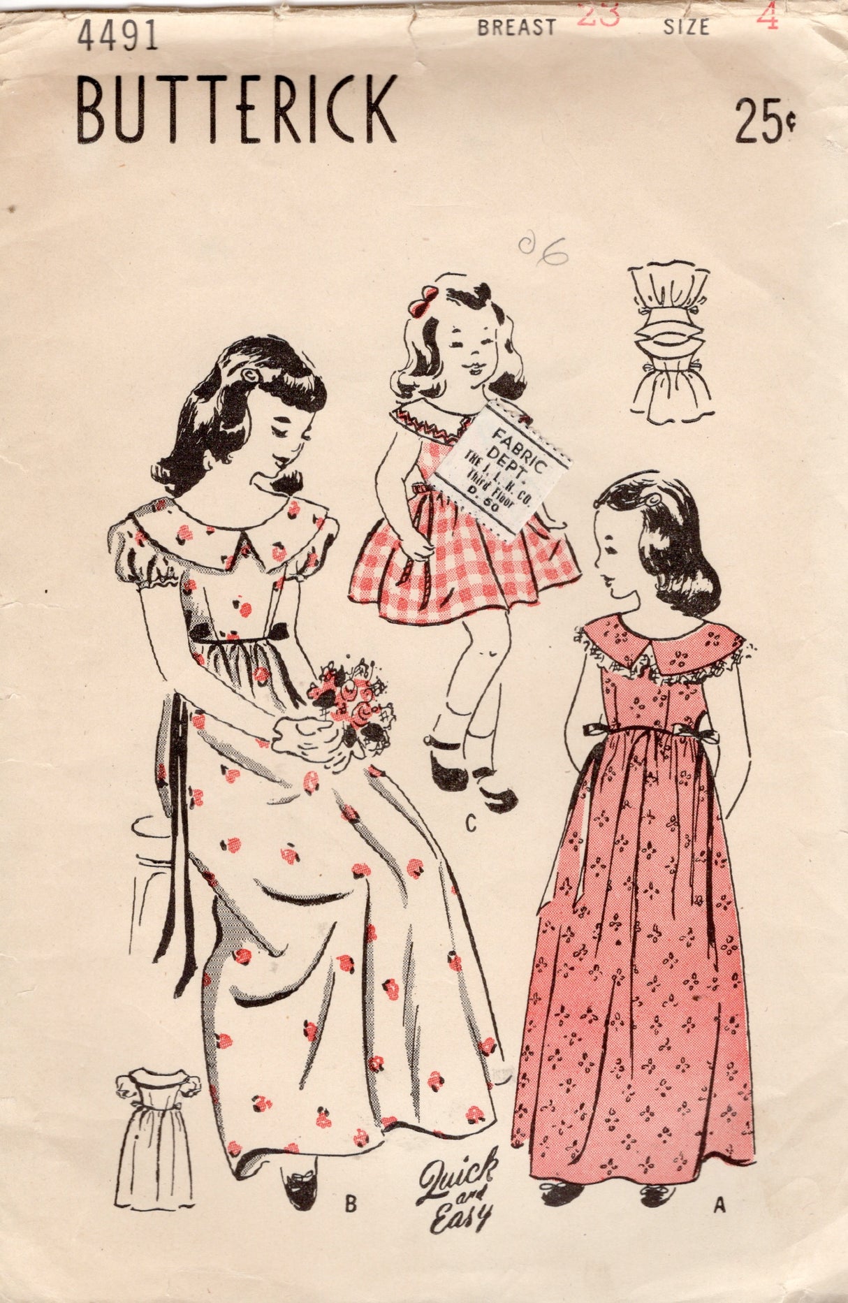1940's Butterick Child's Dirndl Dress Pattern In Two lengths - Chest 23" - No. 4491