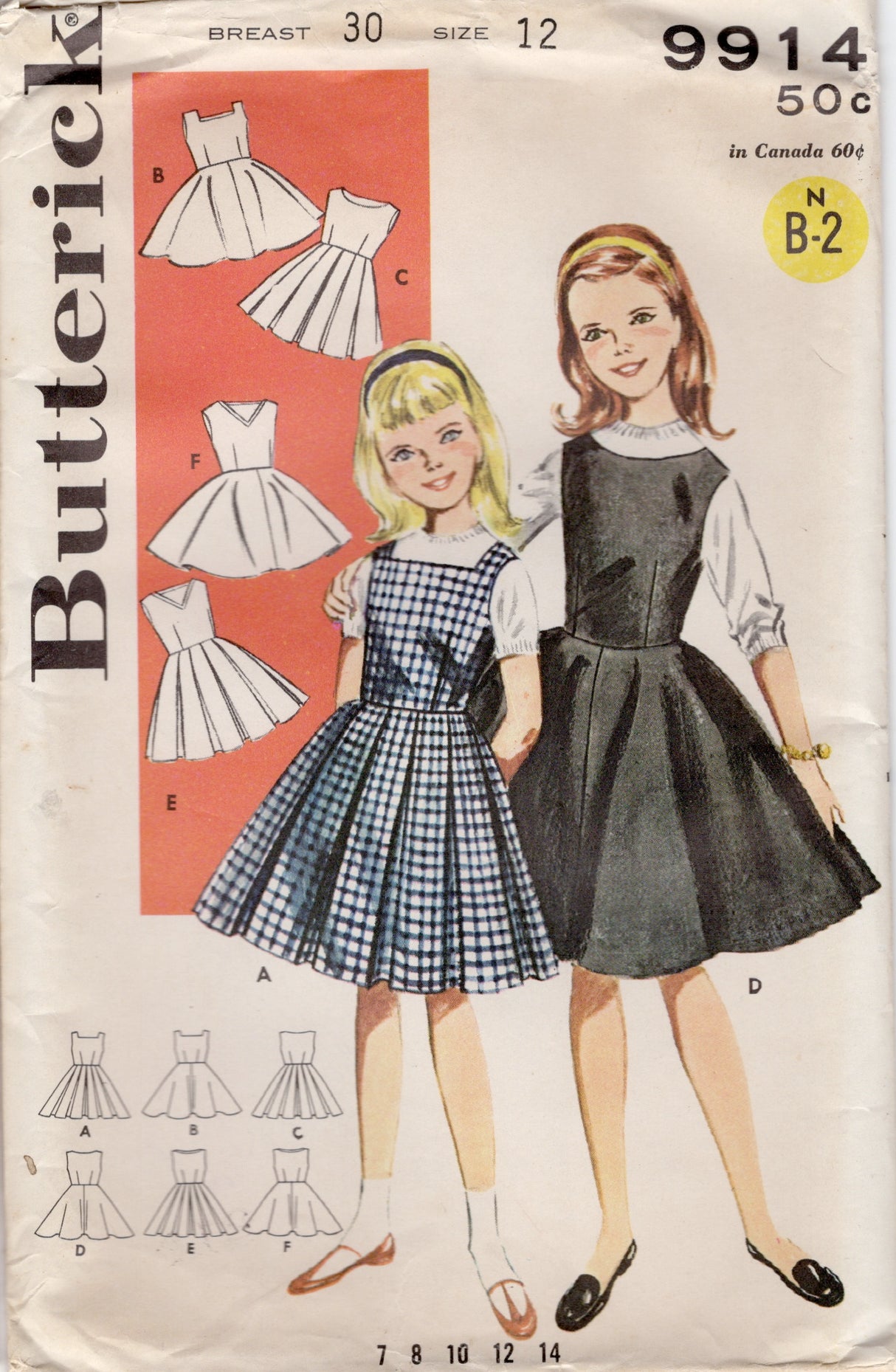 1960's Butterick Child's Set of Jumper Dresses Pattern - Chest 30" - No. 9914