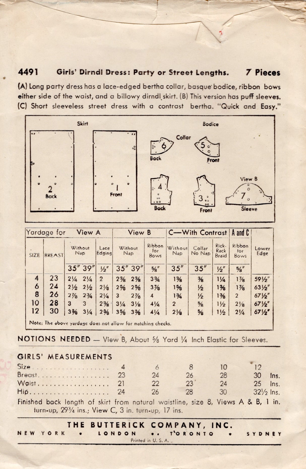 1940's Butterick Child's Dirndl Dress Pattern In Two lengths - Chest 23" - No. 4491