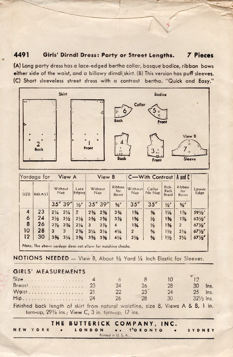 1940's Butterick Child's Dirndl Dress Pattern In Two lengths - Chest 23" - No. 4491