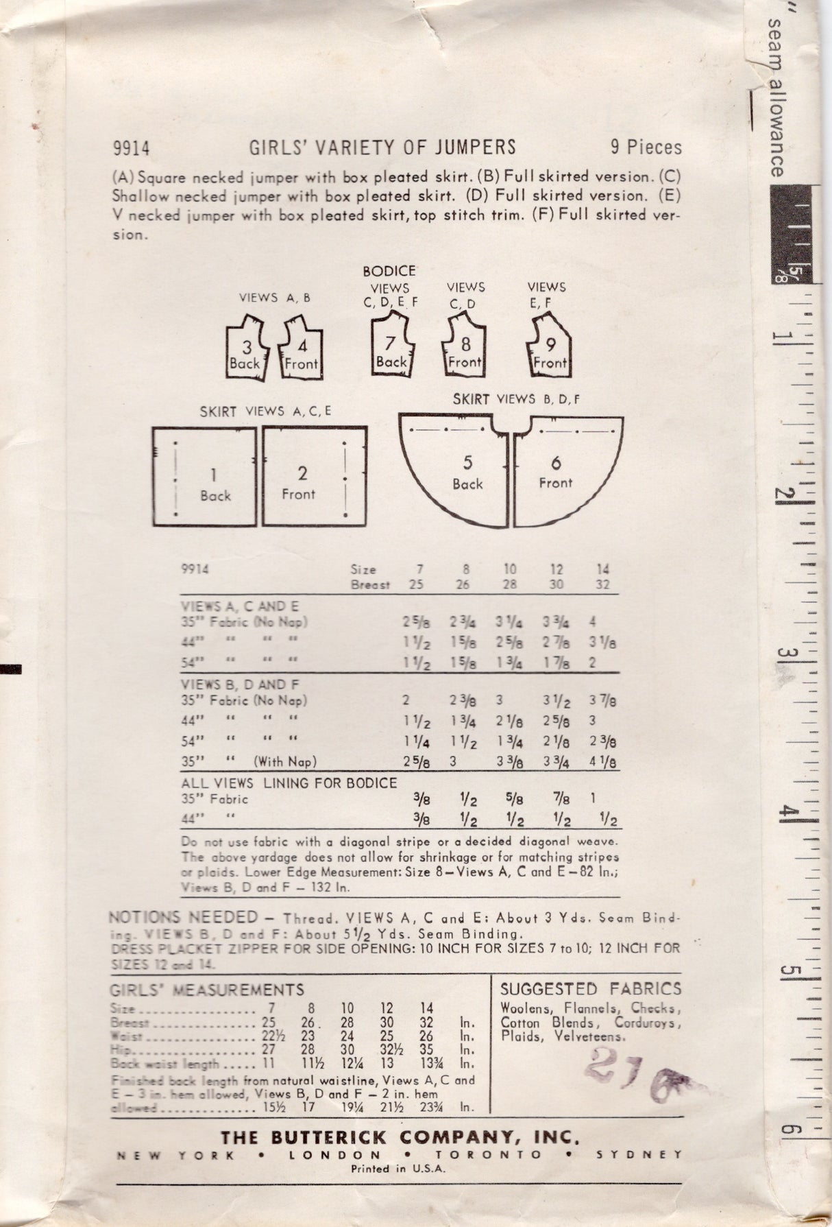 1960's Butterick Child's Set of Jumper Dresses Pattern - Chest 30" - No. 9914