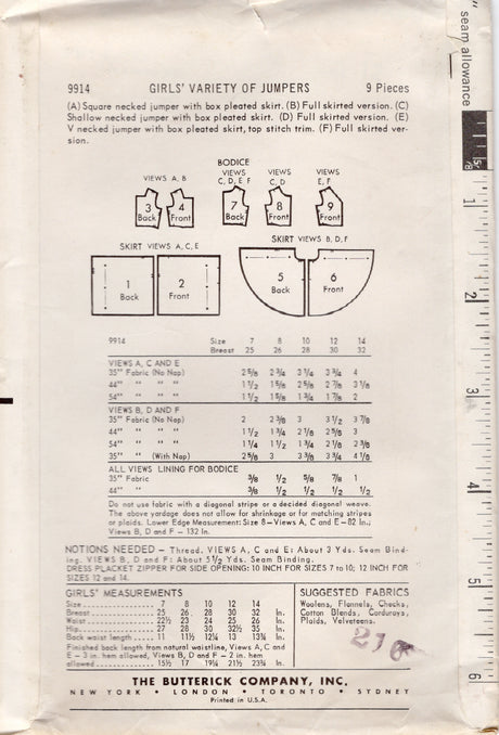 1960's Butterick Child's Set of Jumper Dresses Pattern - Chest 30" - No. 9914