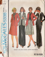 1970's McCall's Pullover Unlined Jacket, Front Lap Skirt and Wide Leg Pants Pattern - Bust 38" - No. 5338