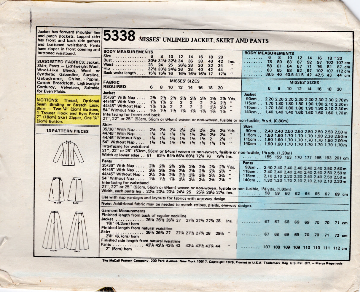 1970's McCall's Pullover Unlined Jacket, Front Lap Skirt and Wide Leg Pants Pattern - Bust 38" - No. 5338