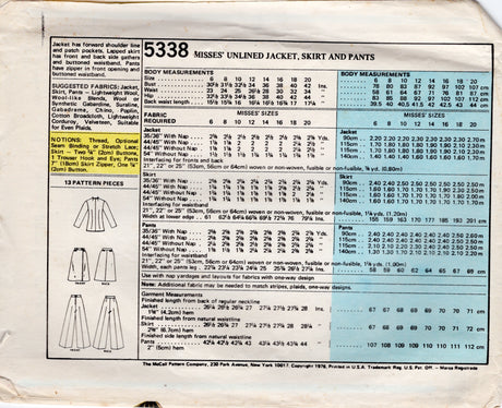 1970's McCall's Pullover Unlined Jacket, Front Lap Skirt and Wide Leg Pants Pattern - Bust 38" - No. 5338