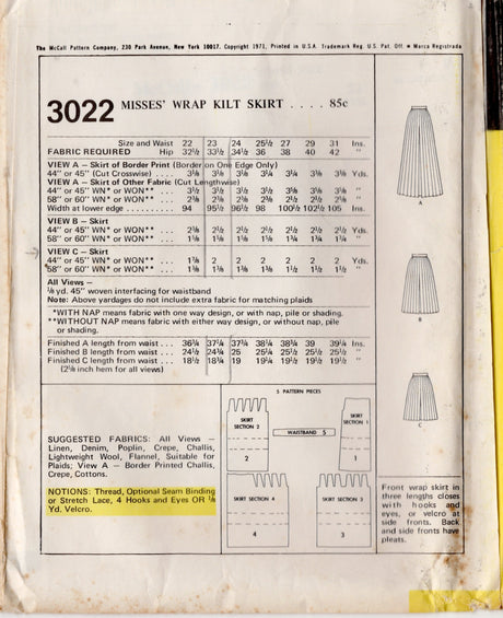 1970's McCall's Wrap Kilt Skirt - Waist 23" - No. 3022