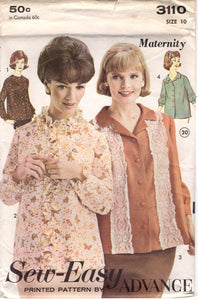 1960's Advance Maternity Button-Up Blouse with or without Collar - Bust 31" - No. 3110