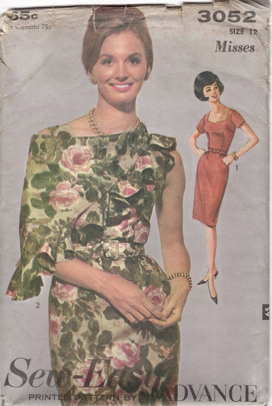 1960's Advance One-Piece Dress Pattern with Sweetheart Neckline and Shawl - Bust 32