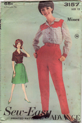 1960's Advance Western Button Front Blouse with Oversize Collar, High Waisted Pants with Pockets and A line Skirt Pattern - Bust 32