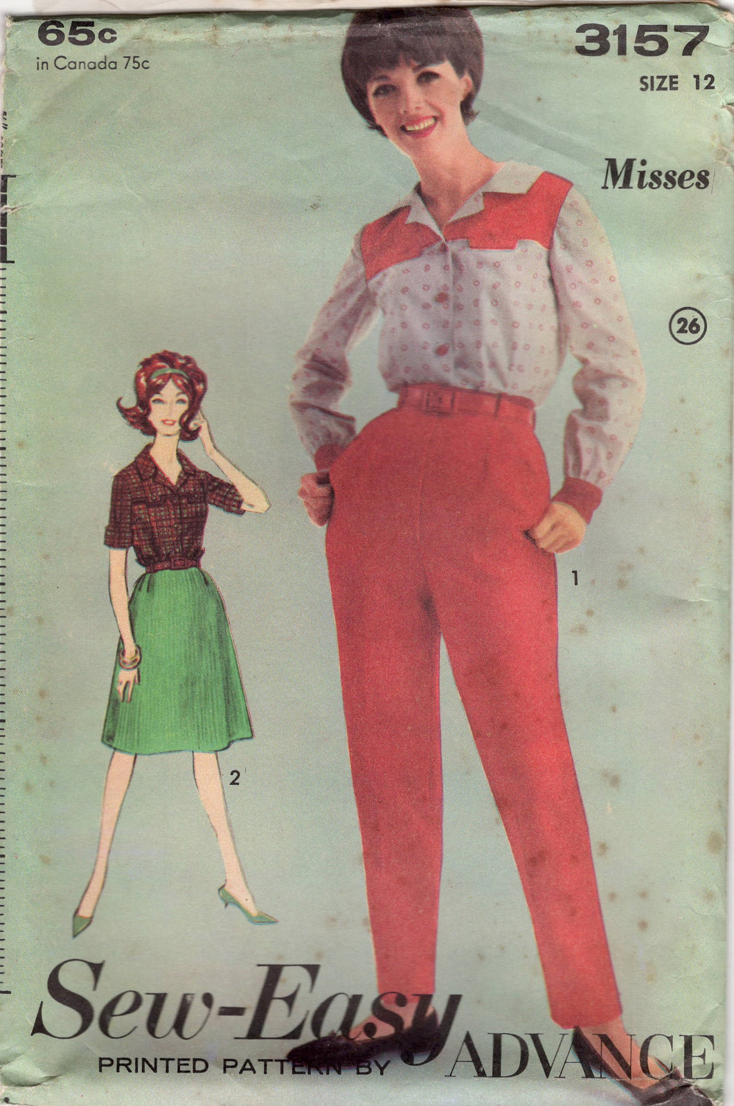 1960's Advance Western Button Front Blouse with Oversize Collar, High Waisted Pants with Pockets and A line Skirt Pattern - Bust 32