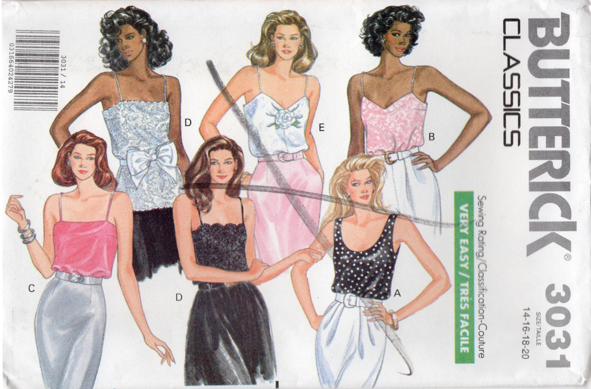 1980's Butterick Pullover Camisole Top Pattern - Bust 36-42" - No. 3031