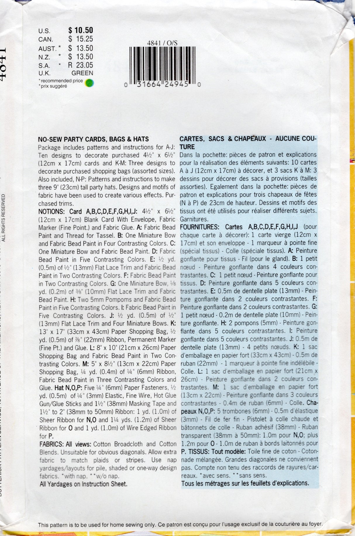 1990's Butterick Primrose Cottage NO-SEW Party Cards, Bags and Hats Pattern - No. 4841