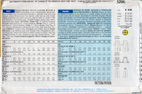 1990's Butterick Duster Jacket, Pants and V-Neck Shirt with large Collar Pattern - Bust 34-38" - No. 3206