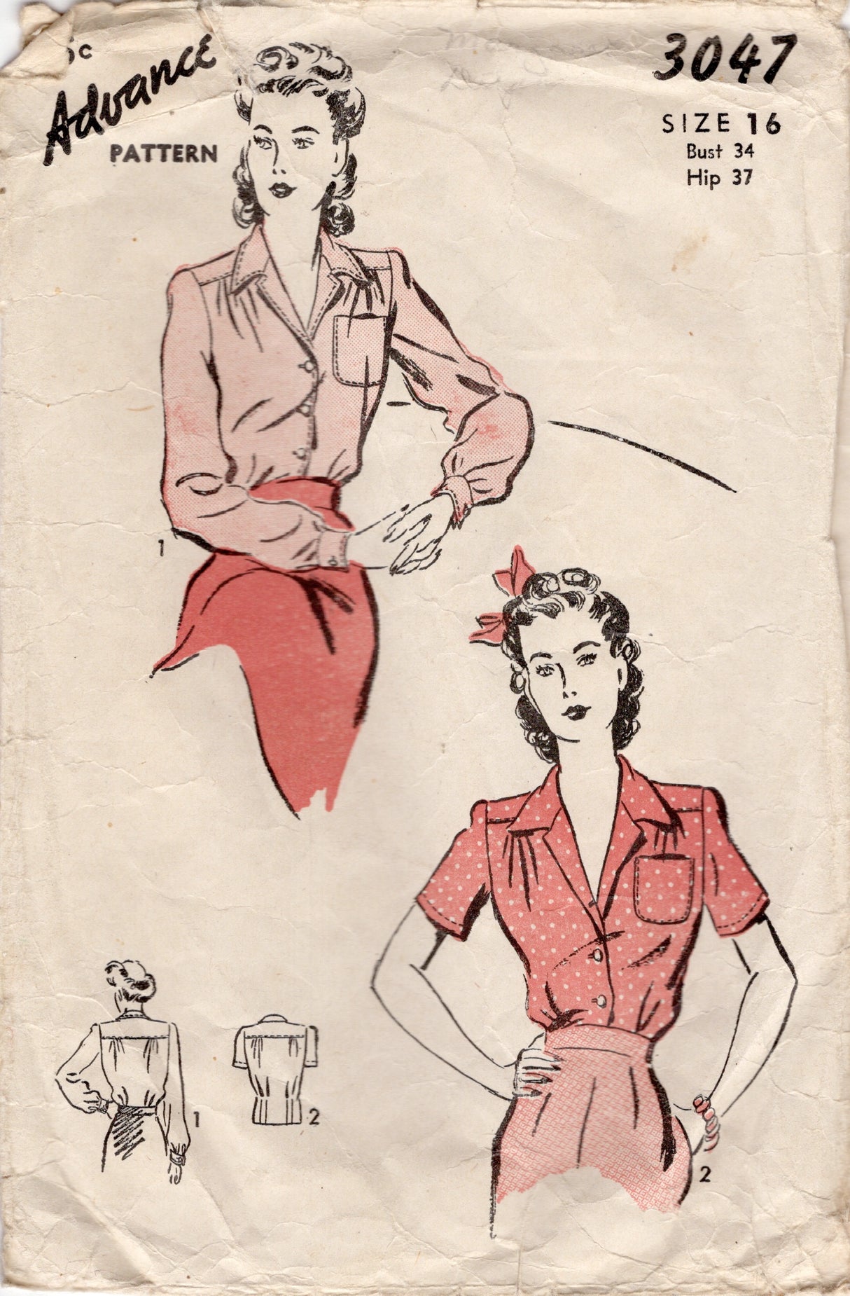 1940's Advance Button Up Blouse Pattern  - Bust 34" - No. 3047